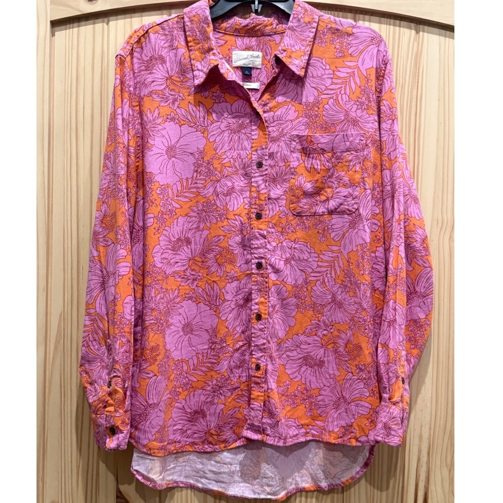 Universal Thread Womens Floral Button Down Shirt Orange Pink Linen Blend XL